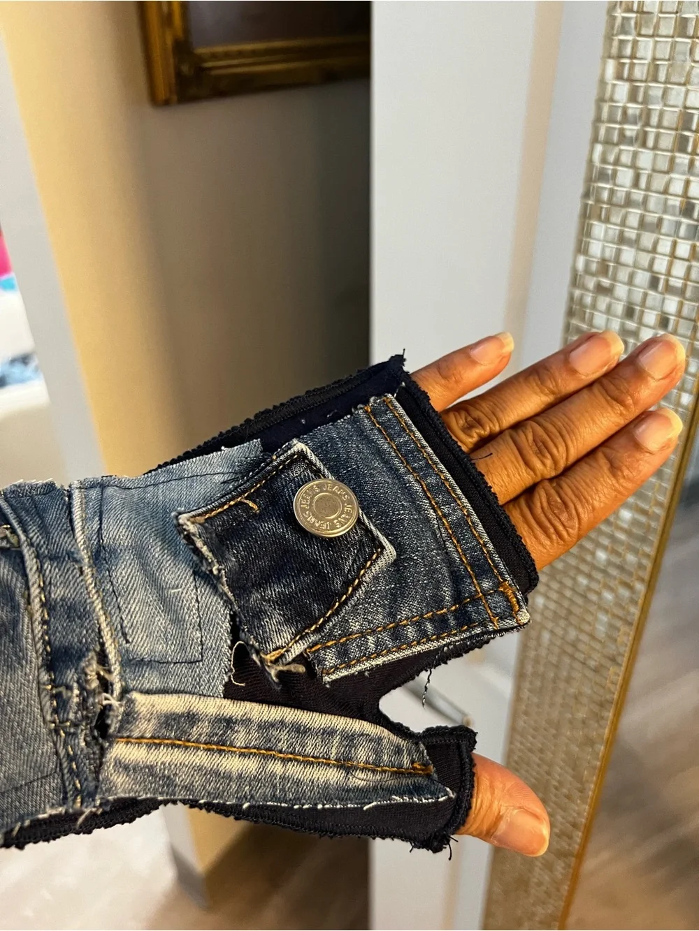 Denim Patchwork Fingerless Gloves- Blue OS